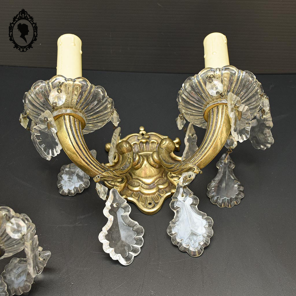 Elégante paire d’appliques en bronze doré pampilles baroque 2 lumières vintage