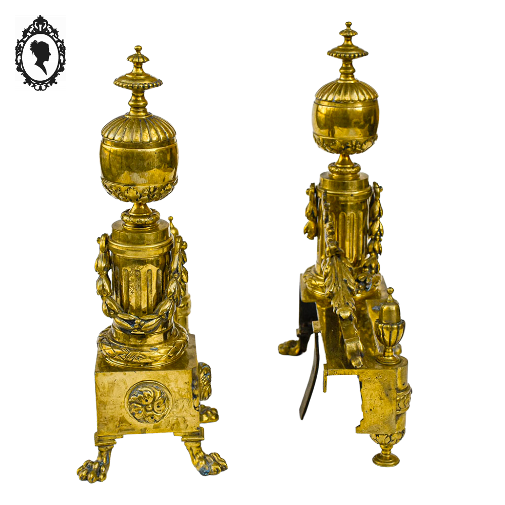 Élégante paire de chenets bronze doré pattes de lion accessoire de cheminée ancien Napoléon 3 XIX ème