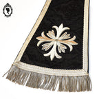 Étole pastorale prêtre Liturgique noir et beige soie broderie pompons fil doré argent ancienne