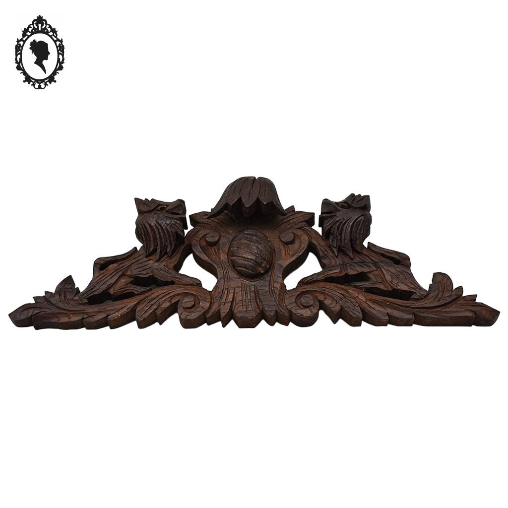 Fronton d’armoire, miroir ou meuble en bois sculpté Lion 58 x 20 cm ancien