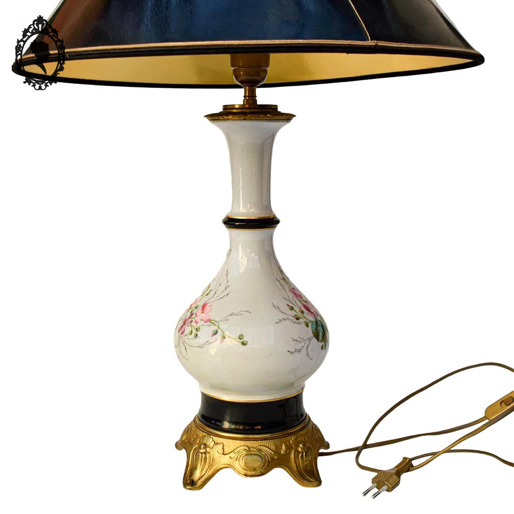 Grande lampe de table à poser porcelaine fleurie laiton ancienne