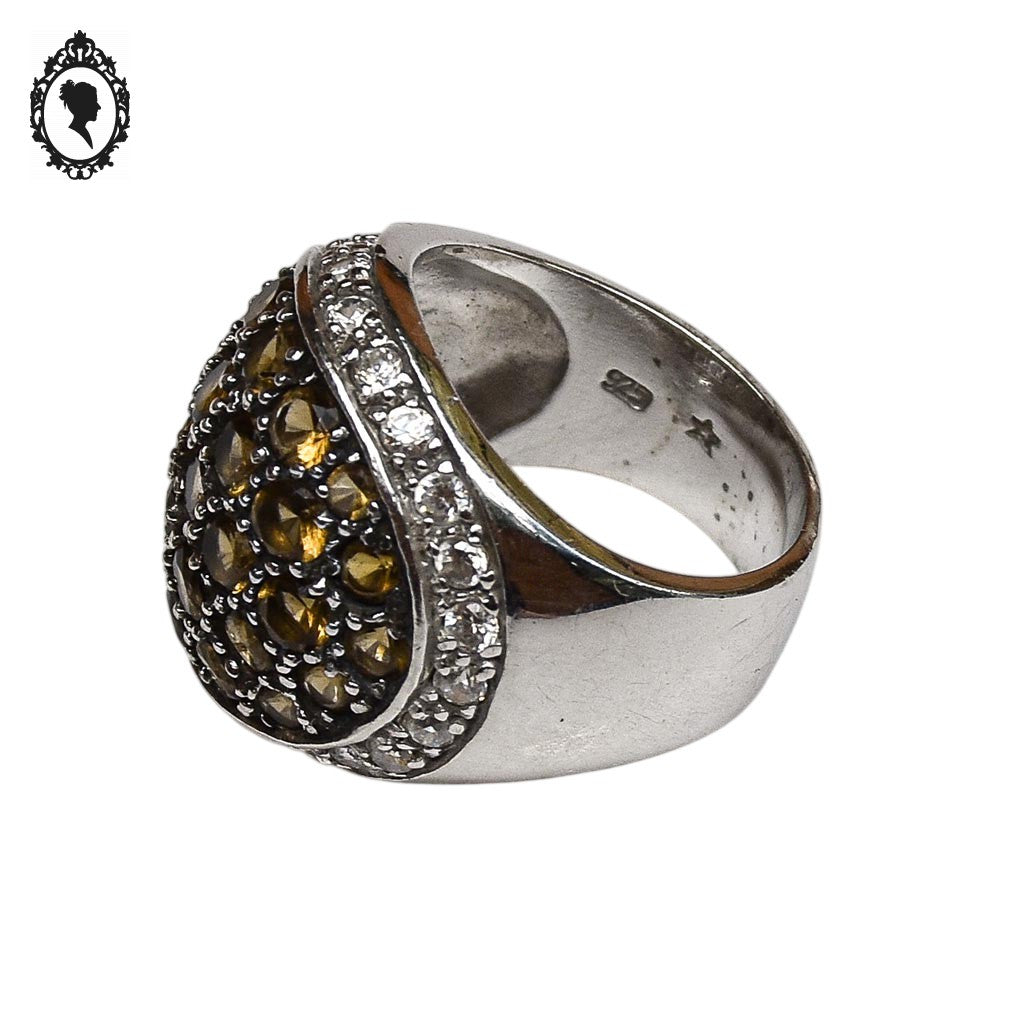 Grosse bague en argent et pierre strass beige style boule T 54