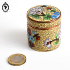 Jolie petite boite jaune vert ronde cylindrique en émail émaux cloisonnés vintage