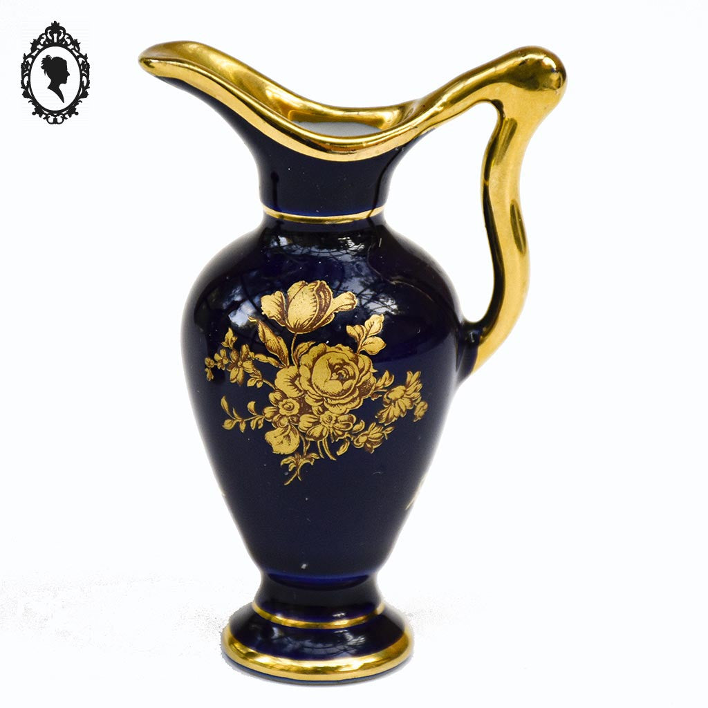 Lot 2 petites aiguières vases bec anse bleu et doré porcelaine de Limoges vintage