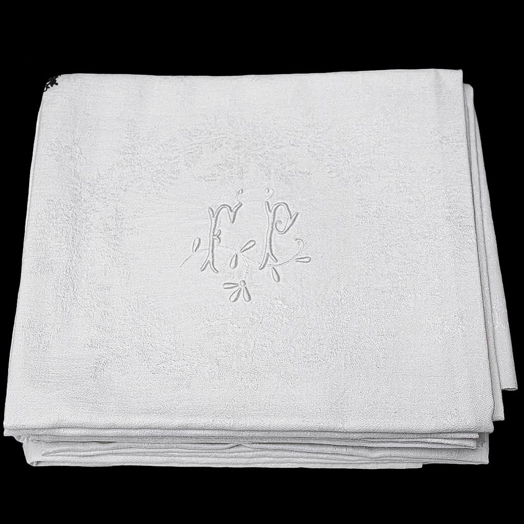 Lot service 12 serviettes de table anciennes damassées blanches monogramme FP