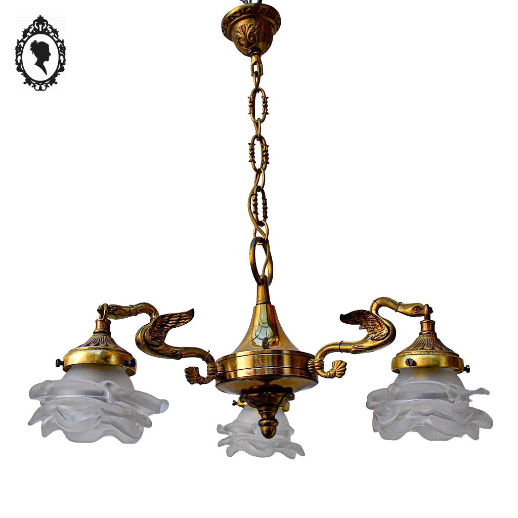 Lustre plafonnier bronze chimères 3 lumières 3 roses pâte de verre blanc doré ancien