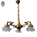 Lustre plafonnier bronze chimères 3 lumières 3 roses pâte de verre blanc doré ancien