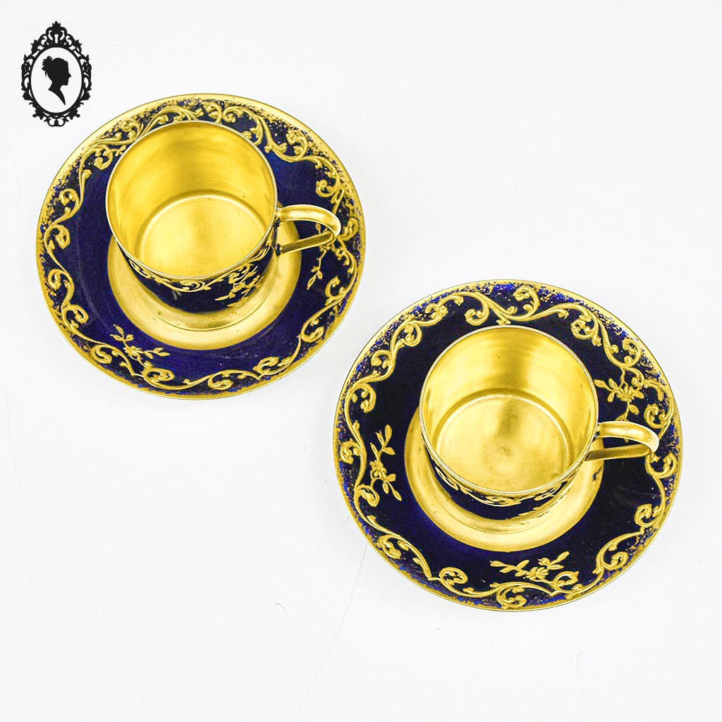 Magnifiques 2 Tasses et sous tasses porcelaine bleu cobalt Bac Limoges France