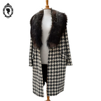 Manteau long femme laine pied-de-poule noir blanc col véritable fourrure T 52 54 vintage