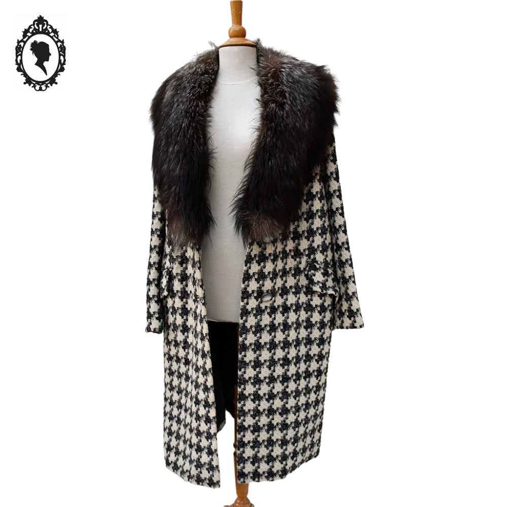 Manteau long femme laine pied-de-poule noir blanc col véritable fourrure T 52 54 vintage