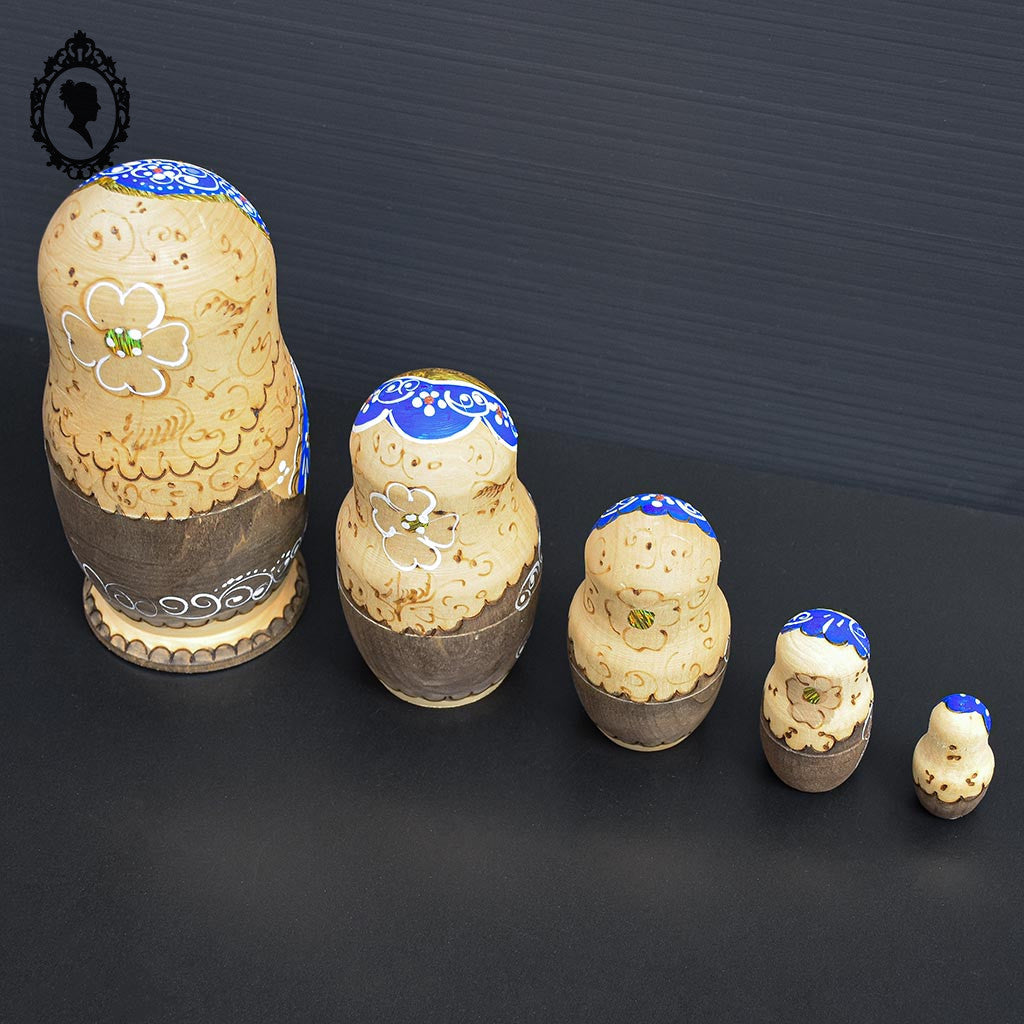 Matriochkas 5 poupées Russes gigognes bois naturel bleu doré