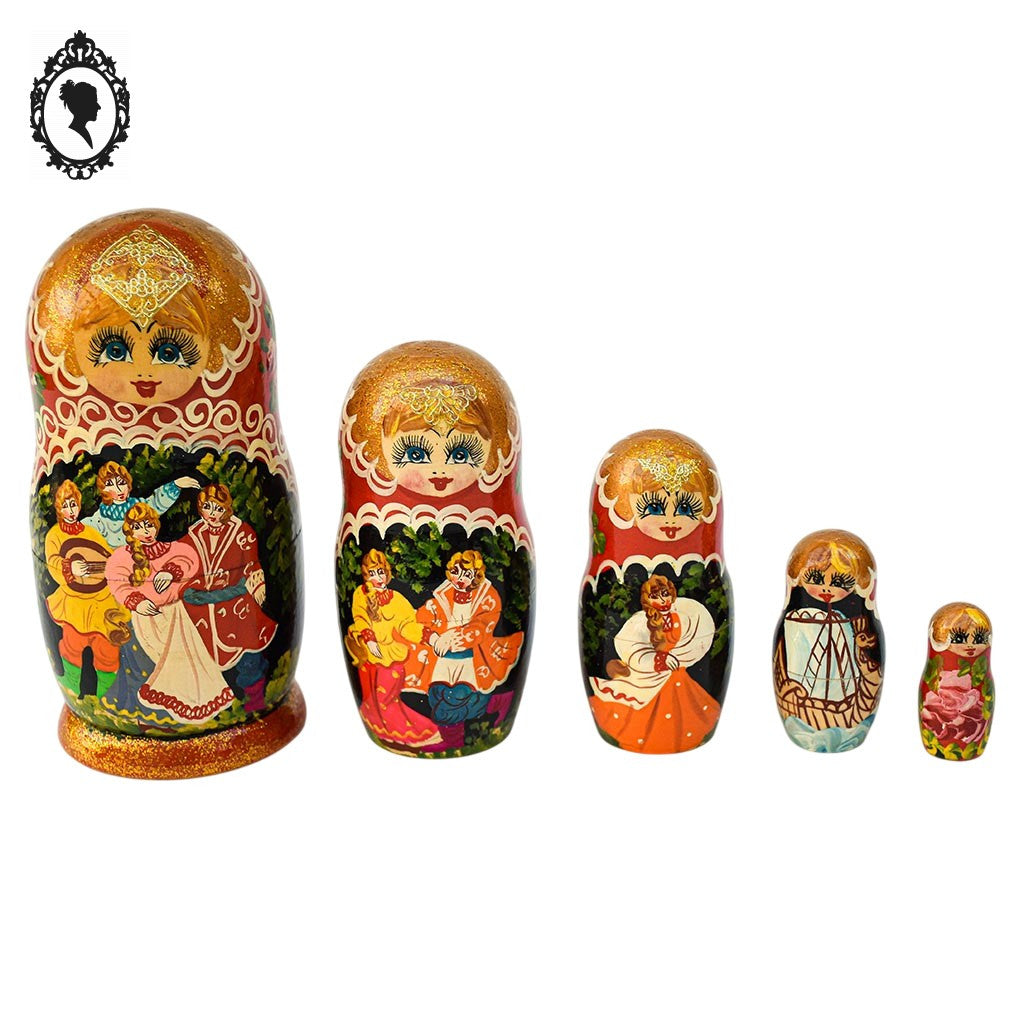 Matriochkas 5 poupées Russes médiévales gigognes bois peint à la main rouge