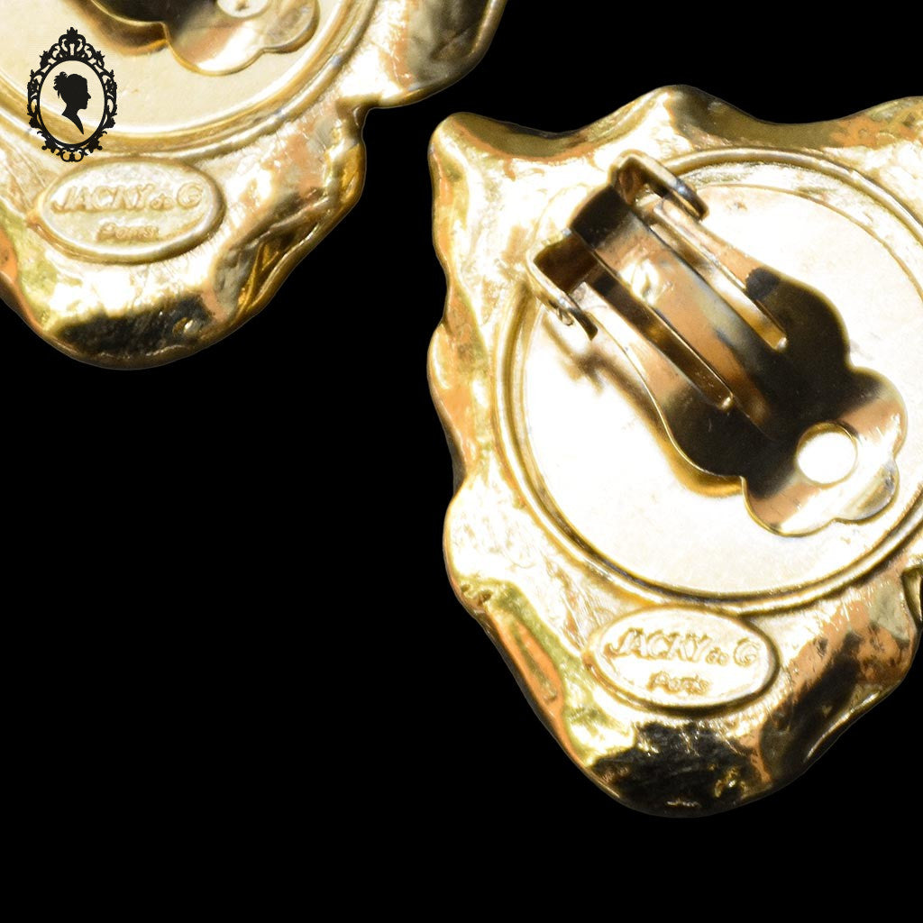Paire de boucles d’oreilles Jacky de G cœur soleil bombé métal doré à clips bijoux vintage
