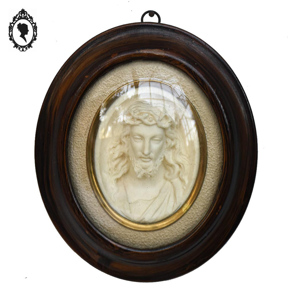 Paire de cadres reliquaires verre bombé ovale bois Christ et Marie calcaire pétrifié ancien Napoléon 3