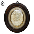 Paire de cadres reliquaires verre bombé ovale bois Christ et Marie calcaire pétrifié ancien Napoléon 3