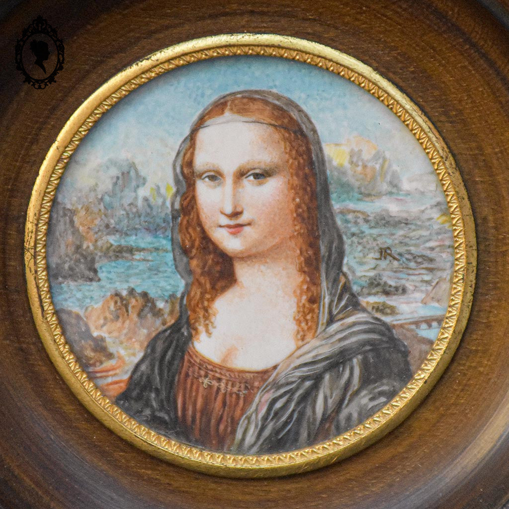Petit cadre miniature portrait médaillon femme rousse sur ivoire signé JR ancien