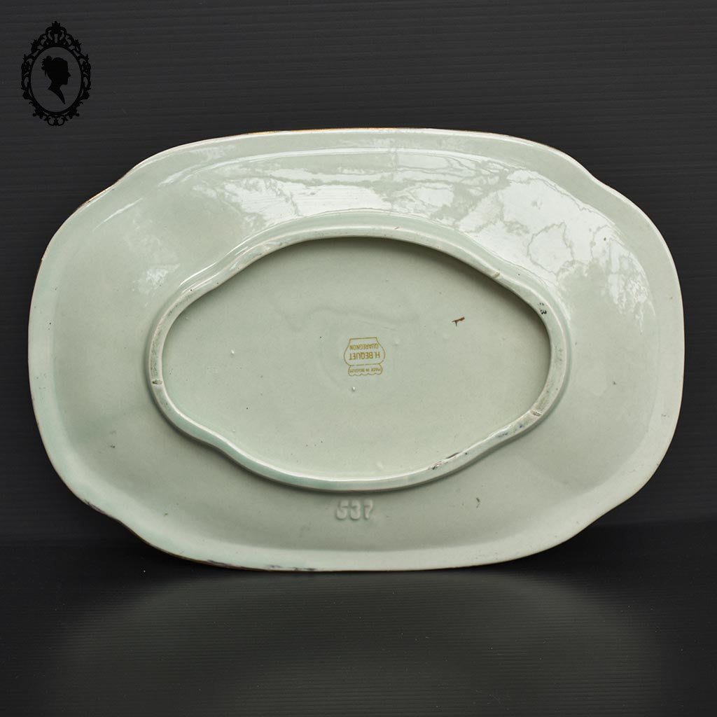 Plat oiseau en faïence style barbotine vert nacré H. Bequet Belgique L 33 cm vintage