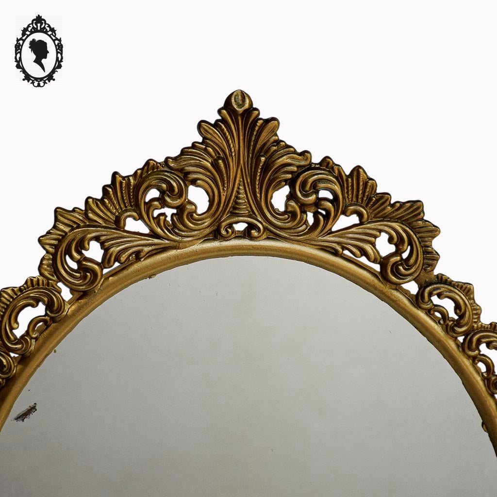 Psyché miroir doré ovale pivotant à poser sur pied H 50 cm rocaille arabesque