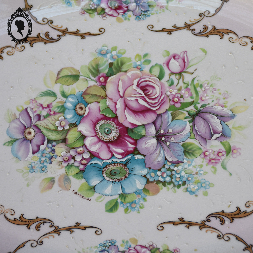 Romantique plat ovale fleuri porcelaine de Limoges rose poignées laiton Burroughs ancien