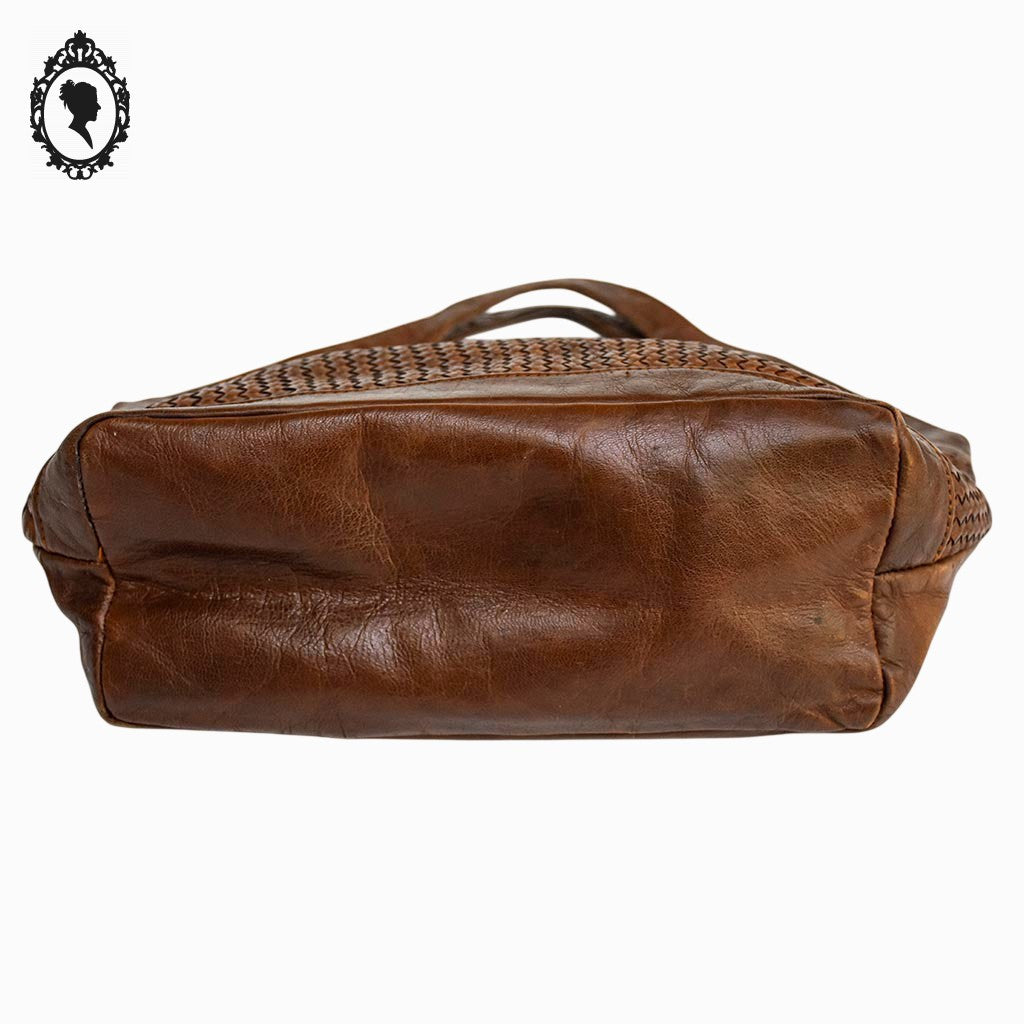 Sac cabas cuir cognac marron devant tressé vintage