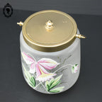 Sceau pot à biscuits verre mat fleur émaillée rose jaune vert ancien art nouveau