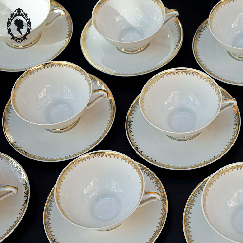 Service 12 tasses à café pots cafetière sucrier porcelaine fine UC Limoges blanc doré