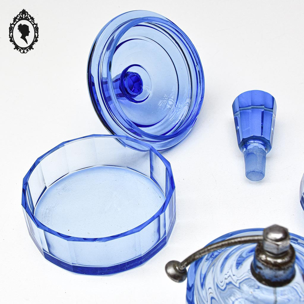 Service 3 garnitures de toilette bonbonnière flacon cristal bleu ancien Art déco