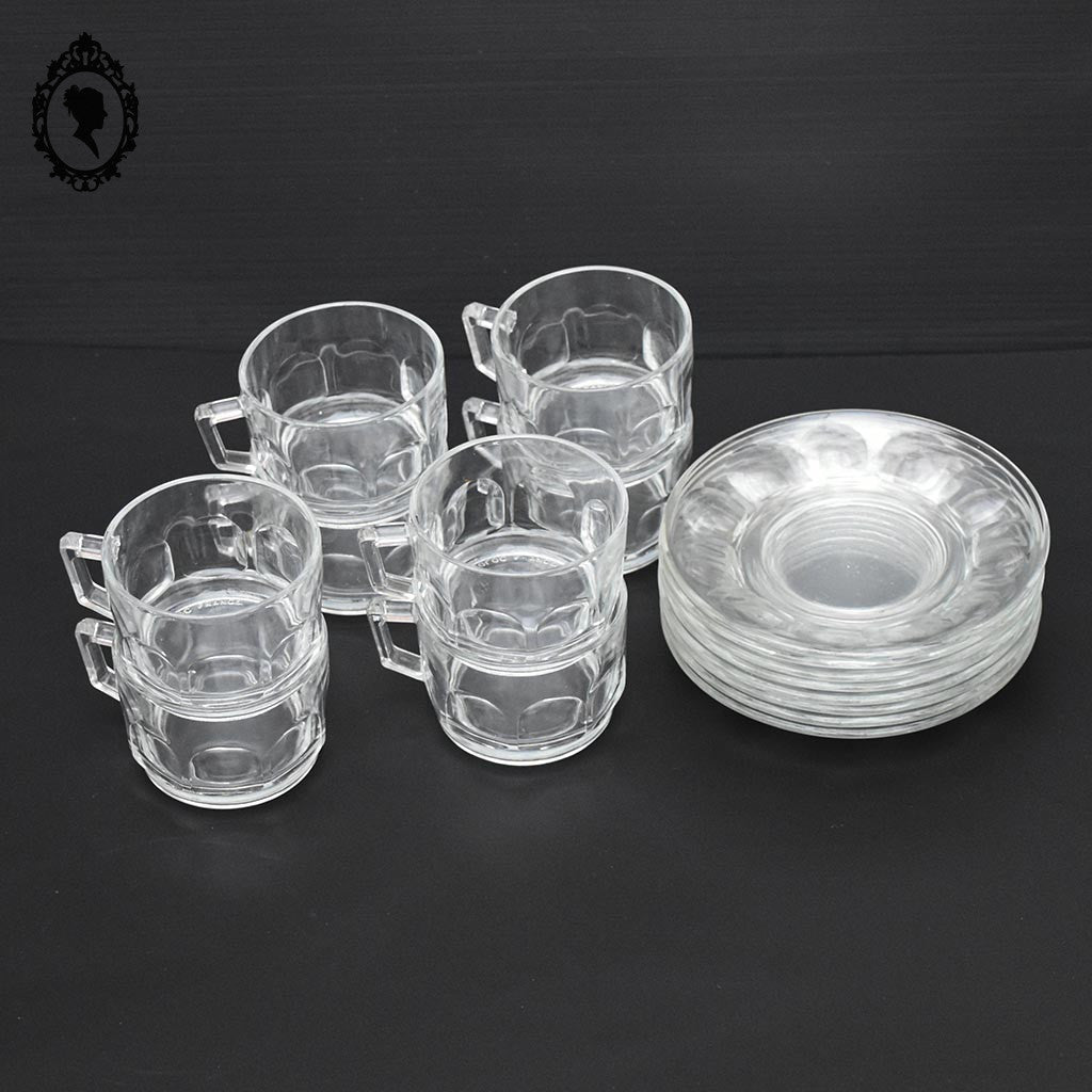 Service 8 tasses et sous tasses à café Arcopal France verre blanc transparent vintage