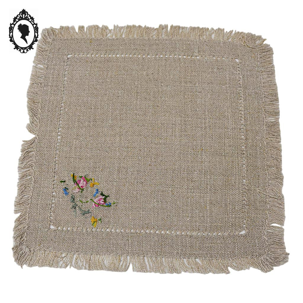 Service nappe et 10 serviettes à thé café lin broderie bucolique fleurie vintage