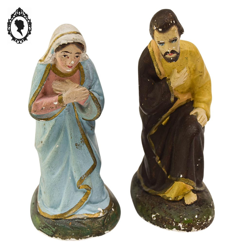 Statues religieuses 3 santons de crèche Marie Joseph et Jésus en plâtre vintage H 13 cm