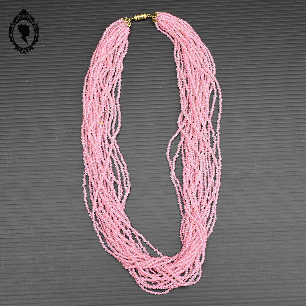 Superbe collier perle de rocaille rose 20 rangs vintage