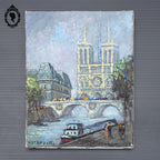 Tableau peinture à l’huile Notre Dame de Paris souvenir Montmartre 1983 18 x 14 cm