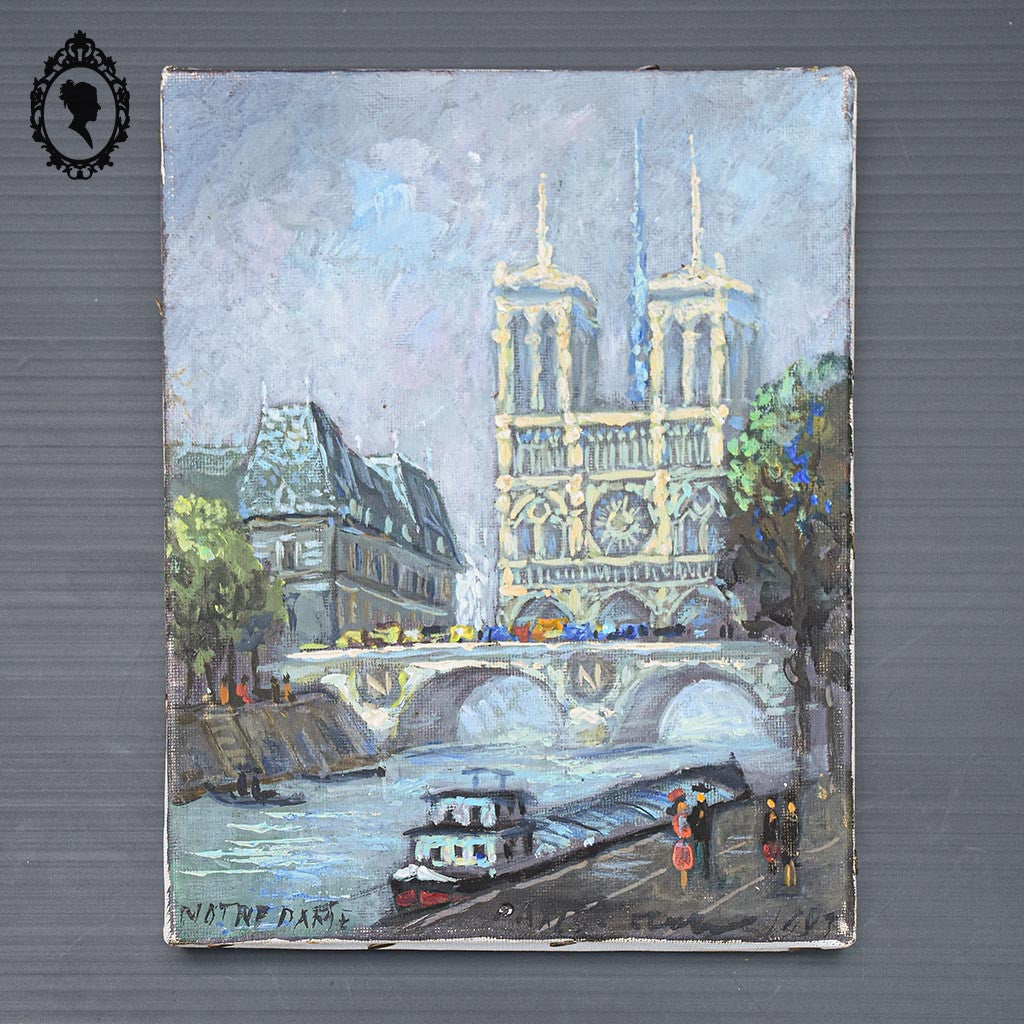 Tableau peinture à l’huile Notre Dame de Paris souvenir Montmartre 1983 18 x 14 cm