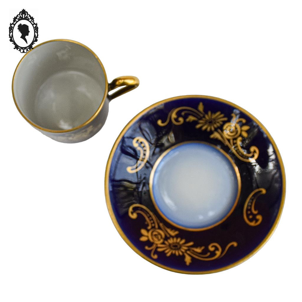 Tasse et sous tasse porcelaine bleu cobalt or Limoges