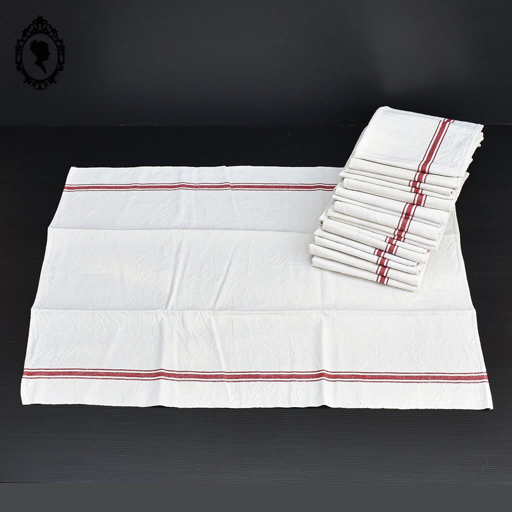 Torchon lin blanc cassé à liteau rouge vintage ancien