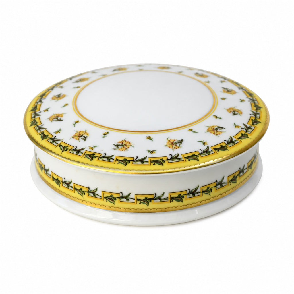 Boîte bonbonnière ronde en porcelaine Raynaud Limoges, fleurs jaunes or