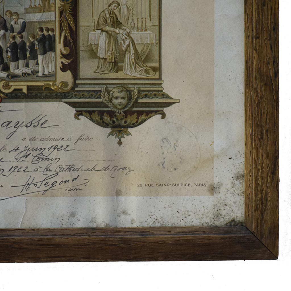 Cadre en bois avec un Souvenir certificat religieux de communion solennelle 1922 — Bouasse-Lebel