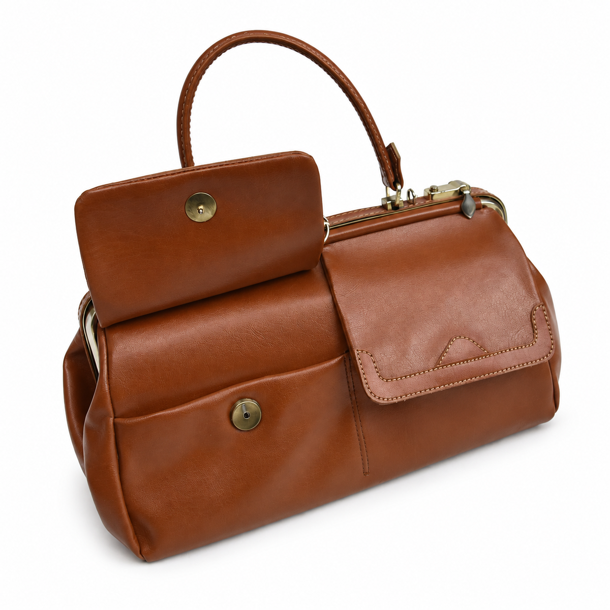 Sac à main vintage en cuir cognac à fermoir métallique et poches frontales