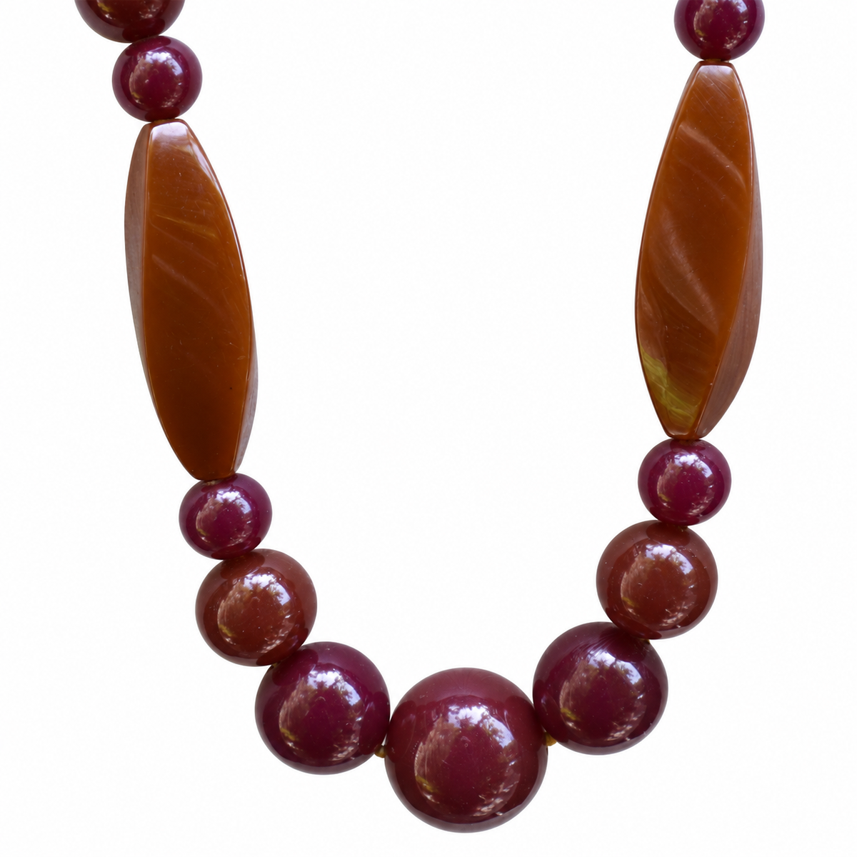 Sautoir perles en bakélite bordeaux et caramel – Art déco, 79,5 cm ancien vintage