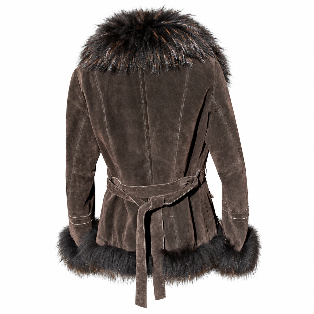 Superbe veste Oakwood en daim cuir marron et fourrure cintrée et ceinturée taille S