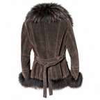 Superbe veste Oakwood en daim cuir marron et fourrure cintrée et ceinturée taille S