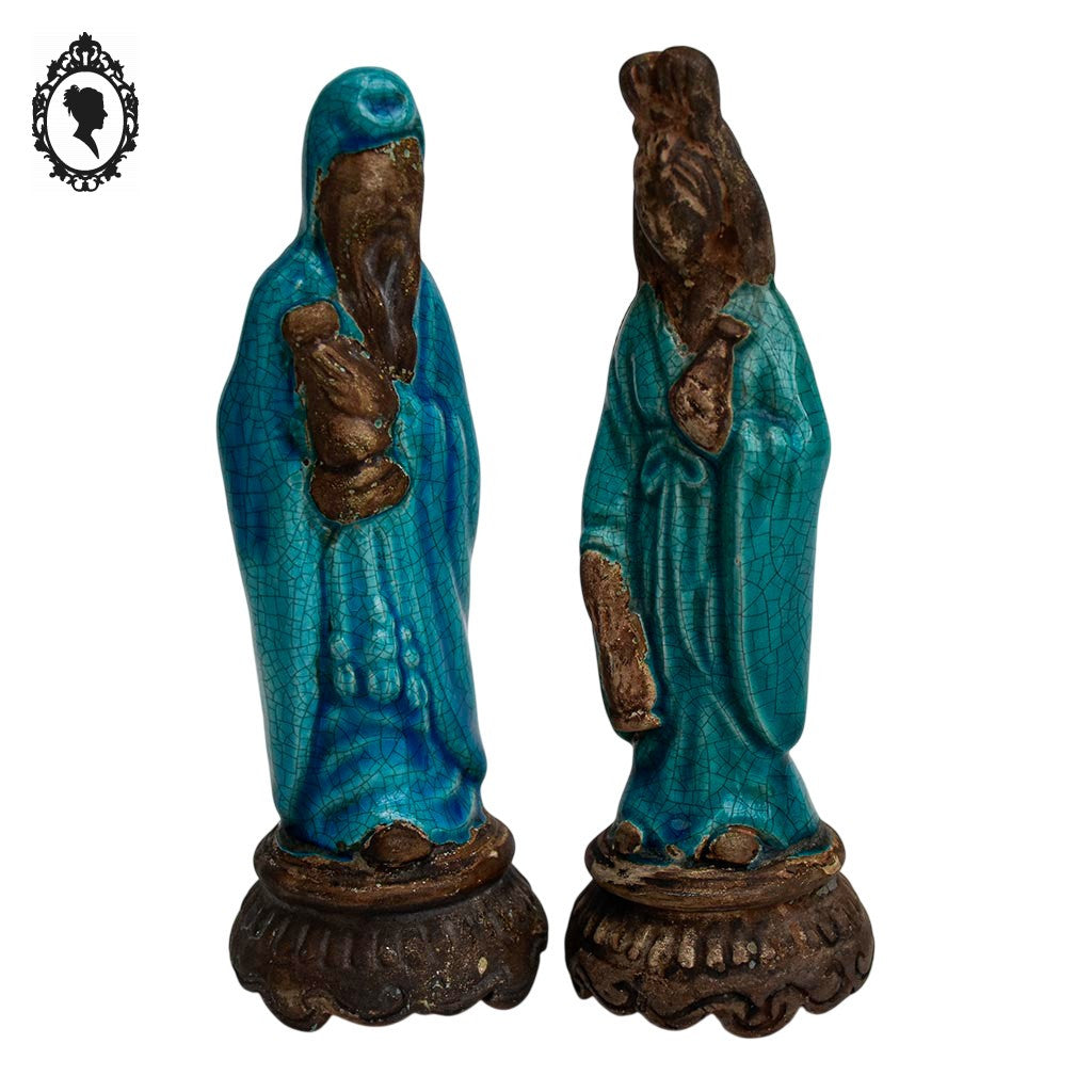 Paire de statues asiatiques Vietnam d’un couple en grès vernissé bleue milieu XX