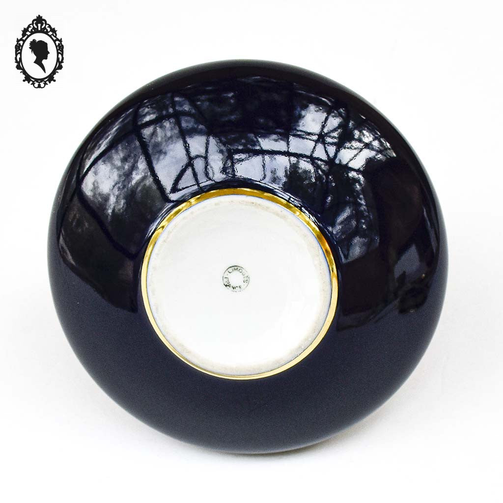 Aiguière saucière vase pot en porcelaine de Limoges bleu cobalt doré