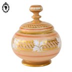 Ancienne bonbonnière boite à bijoux rose saumon or en opaline avec feuilles d’acanthe
