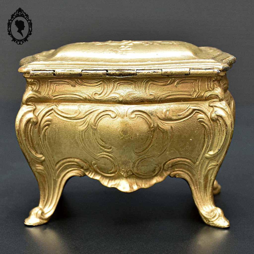 Boite ou coffret à bijoux métal forme commode bombée dorée ancienne