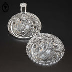 Bonbonnière drageoir poignée pointue en cristal blanc ciselé trépied vintage