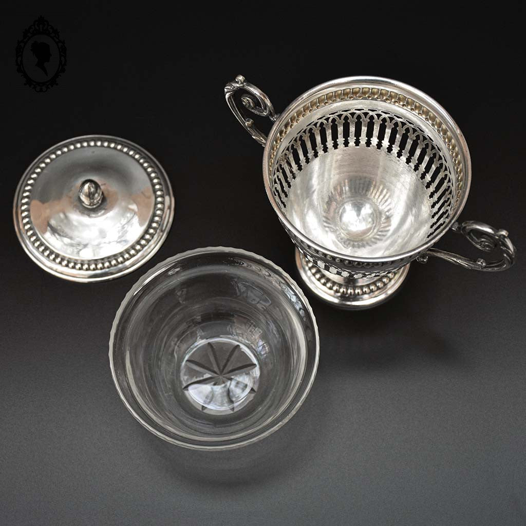 Bonbonnière drageoir sucrier piédouche en métal argenté et cristal ancien