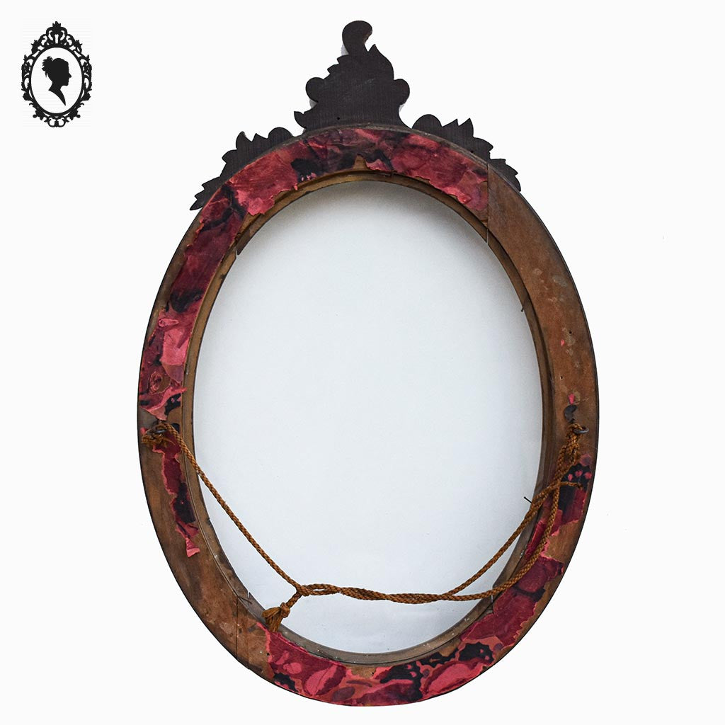Cadre ovale en bois sculpté massif fronton arabesques + vitre verre