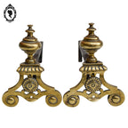 Chenets longs en bronze doré boule arabesques arrondies accessoire de cheminée ancien
