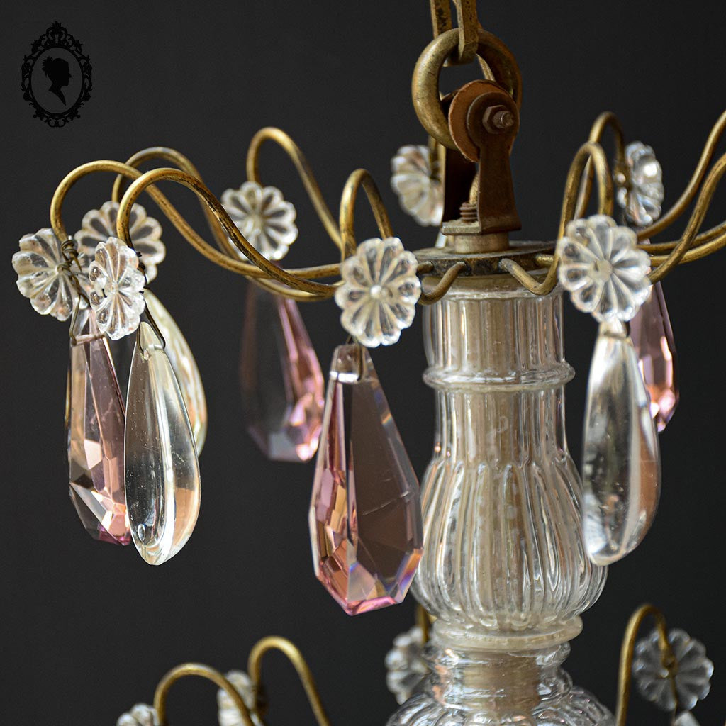 Chic lustre à pampilles bronze doré 6 feux enfilage verre ancien